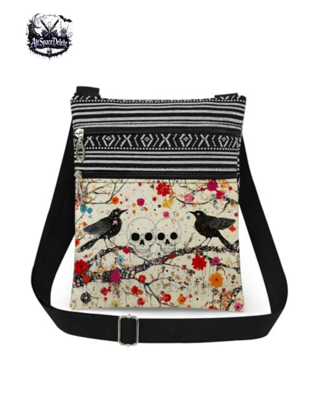 Polyester Skull Crossbody Bag Adjustable Strap Double Zipper Sling